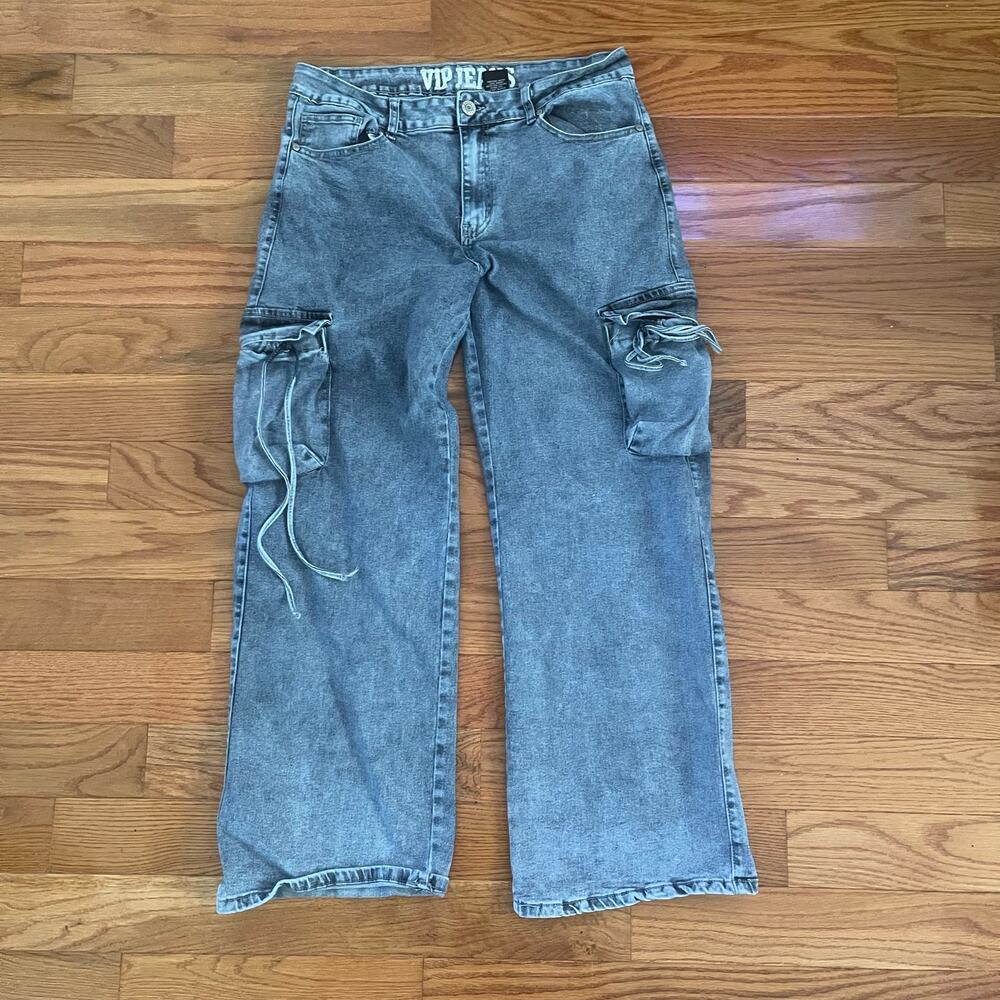 VIP Jeans Women 13/31 Acid Wash Wide Leg Cargo Denim Utility Skate Drawstring